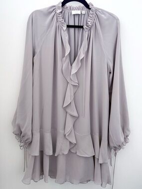 Aritzia Wilfred Ruffle Mini Dress Taupe Tie Neck – Flowy Feminine Size M